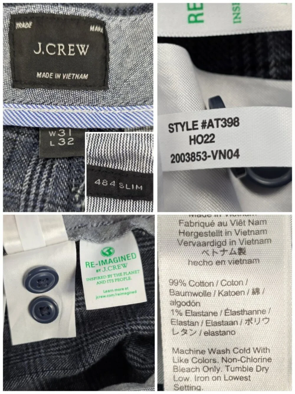 J. Crew 484 Slim Men's Plaid Pants 31x32 Navy Gray Stretch